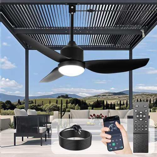 Ventilatore da soffitto esterno con illuminazione: Ventilatore sospeso nero da 42 pollici per gazebo, impermeabile - Ventilatori da esterno da collegare per terrazza, portico o pergolato, con