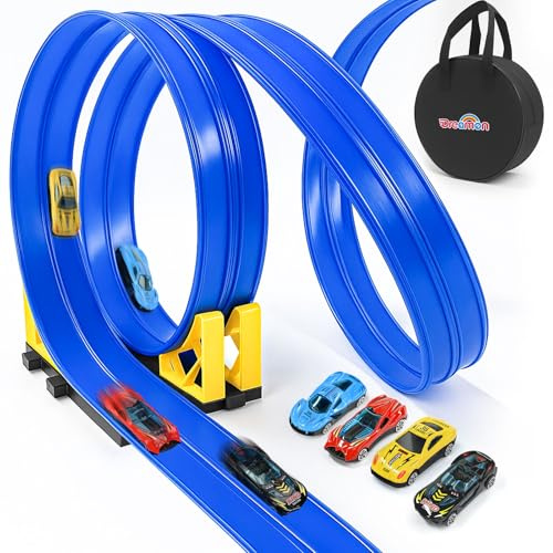 Dreamon Flexible Rennbahn Kinder 6 Meter Autorennbahn Rennstrecke Auto Spielzeug 3 4 5 6 Jahre mit 4 Spielzeugautos 2 Rampen 1 Aufbewahrungstasche 4 Saugnäpfe Geschenke für Mädchen und Jungen