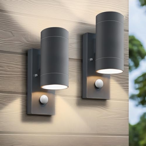 HomeyHoney Aussenlampe mit Bewegungsmelder, Up and Down Außenlampe GU10 | IP65 Wasserdichte Wandleuchte Aussen, Aluminium Wandlampe Aussen für Haustür, Eingang, Terrasse, 2 Stück, Anthrazit