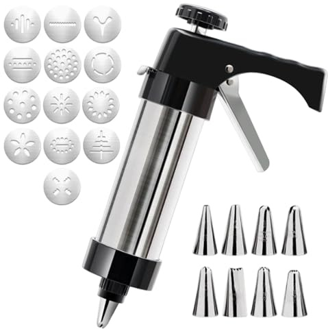 Gebäckpresse für Spritzgebäck, Edelstahl Spritzgebäck Maschine, Professionelles Tortenspritze Squeezer Set mit 13 Tüllen, für Cupcakes Gebäck Dekoration