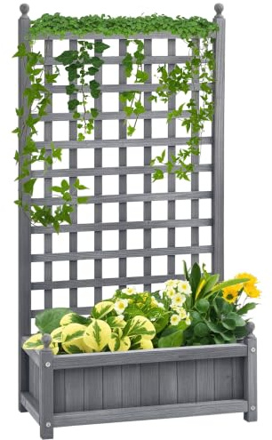 Outsunny Garden Planters with Trellis, 64 x 28 x 120 cm, Grey | Wooden Raised Beds for Garden, Free Standing Flower Pot, Indoor Outdoor Display Rack for Climbing Vines
