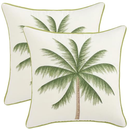 Tosleo Set of 2 Summer Cushion Covers, 45 x 45 cm, Spring, Green Palm Tree, Garden Cushion Covers, Leaves Cushion, Modern Decorative Cushion Covers for Sofa, Bedroom, Farmhouse, Living Room Decoration