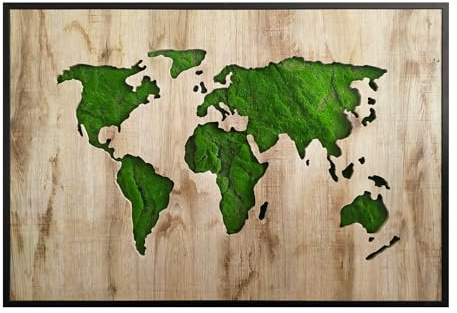 STYLER Bild Green Map 70 x 100 cm mit schwarzem Rahmen – Green Deco Wandbild Weltkarte Holz & synthetisches Moos – Modernes Map Design – Natürliche Wanddeko im Großformat
