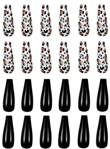 ELAYARD 24pcs Long Coffin False Nails with Black Leopard Print, Abs Material, Full Cover Design for DIY Nail Art, for Women and Girls at Home or Holiday Events