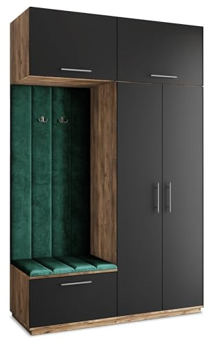 Masseno Flugarderoben Set Rema, Kleiderschrank-Set mit Sitzbank, Garderobenschrank Flur mit 5 Regalböden, Eiche Lefkas/Schwarz