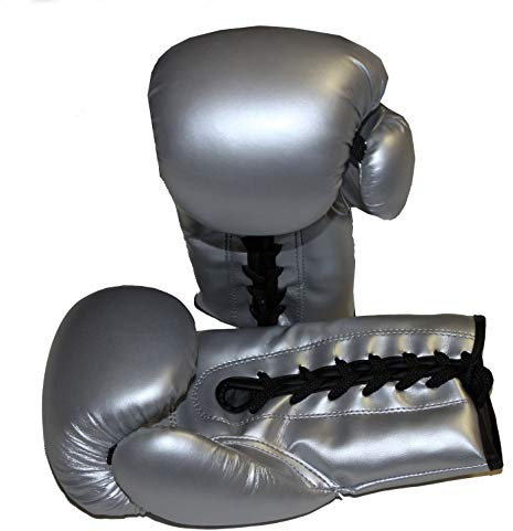 LISARO Guantes de boxeo con cordones para entrenamiento y sparring en boxeo, kickboxing, Muay Thai, de piel sintética, color plata, 10 oz con cuerda