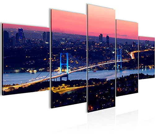 Runa Art Bild Wohnzimmer Schlafzimmer Istanbul Türkei 5 Teilig Brücke Panorama Blau Wandbilder auf Vlies Leinwand 603853a