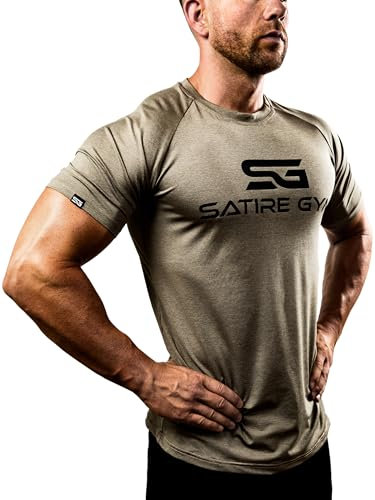 Satire Gym - Sportshirt Herren Kurzarm - Sport Shirt Männer - Slim Fit T-Shirt als Activewear Funktionsshirt für Fitness, Laufen, Bodybuilding (Khaki Meliert, M)