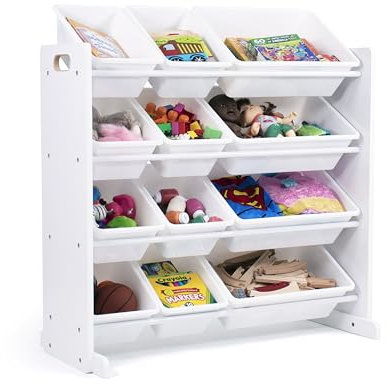 Humble Crew Cambridge Wooden Toy Storage Organiser for Children, with 12 BPA Free Plastic Removeable Storage Bins, Ideal for Storing Toys, Games, Books and Craft Supplies - White