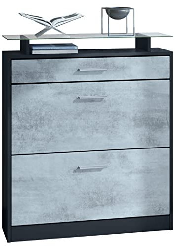 Vladon Schuhschrank Loret, Schuhkipper für 16 Paar Schuhe mit 2 Klappen und 1 Schublade und Glasablage, Schwarz matt/Beton Oxid-Optik (89 x 104 x 23 cm)