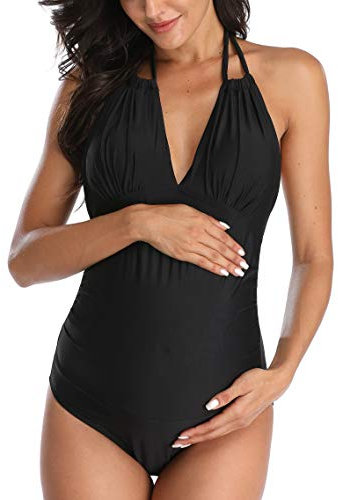 EastElegant Maternity Swimsuits One Piece V-Neck Pregnancy Swimwear Halter Maternity Bikini Black Large