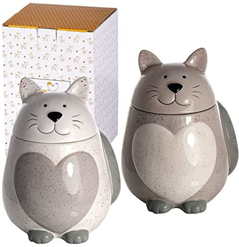 SPOTTED DOG GIFT COMPANY Ceramic Storage Jars with Lids, Set of 2 Kitchen Canisters for Food Tea Coffee Sugar Treats, Cute Cat Themed Accessories, Cat Gifts for Women Men (Grey, White)