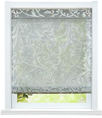 ESLIR Raffrollo ohne Bohren Raffgardine mit Ösen Gardinen Küche mit U-Haken Ösenrollo Halbtransparent Modern Grau BxH 100x140cm 1 Stück