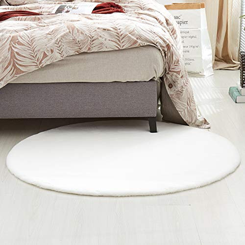 Teppich Wölkchen Fell Rund, Fellteppich Rund, Kunstfell Teppich Waschbar, Hasenfell, Kaninchenfell - Flauschiger Teppich Wohnzimmer, Bettvorleger Schlafzimmer - Weiss - Rund 160cm