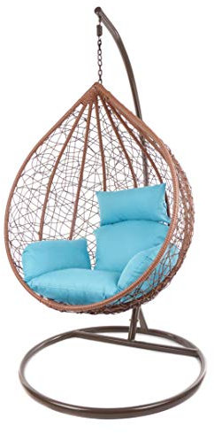 KIDEO Komplettset: großer Hängesessel mit Gestell & Kissen, Korbsessel, Poly-Rattan (Korb & Gestell: braun, Kissen: hellblau Nest (5050 Sky Blue))