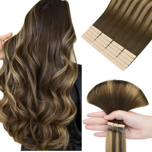 hotbanana Tape in Extensions Echthaar 40cm | Remy Hair Invisible Schokoladenbraun bis Karamellblond Haarverlängerungen Echthaar Tapes 20PCS 50g