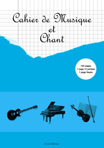 Cahier de musique et chant: Partitions à 12 portées et page grands carreaux (Seyès) | Format A4 | | 100 pages | Composer mélodies et paroles de chansons
