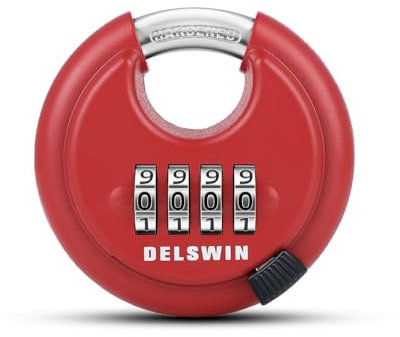 DELSWIN Cadenas à combinaison d'extérieur – Cadenas à disque robuste à 4 chiffres avec anse renforcée, cadenas combo pour portail, unité de rangement, clôture (anse de 63,5 cm, rouge, 1 pièce)