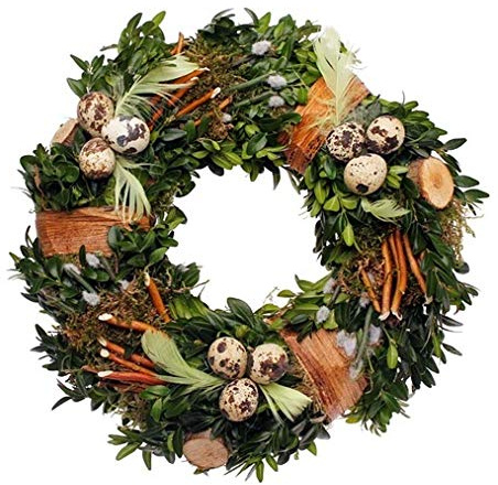 CREAFLOR HOME Osterkranz mit frischem Buchs Wachteleiern und Federn D. 30cm