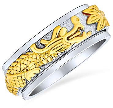 Bling Jewelry Personalisieren Sie Zwei Ton Overlay Gold Silber Töne Titanium Stahl Exotisch 3D Asiatisch Chinesisch Drache Fidget Spinner Ring Band Schmuck Für Männer Für Frauen 8Mm Breit