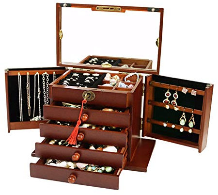 Jewelry Box XIAOXIAO Wooden Double Door, Built-in Mirror, 4-drawer Large Jewellry Storage Cabinet For Ring Necklacel Earrings And Bracelets