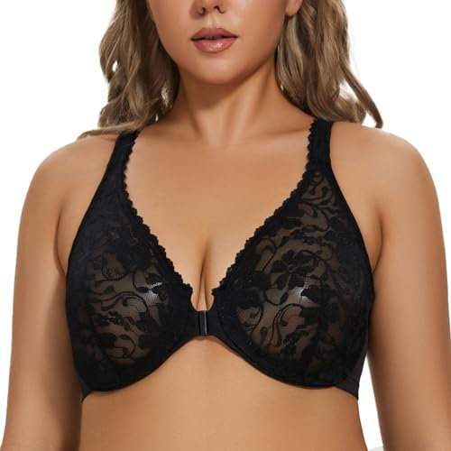MELENECA Women's Front Fastening Underwire Plus Size Racerback Non Padded Sexy Lace Bra Black 36D