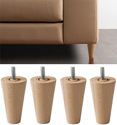 IPEA Piedini per Mobili e Divani Alti 10 cm in Legno - Made in Italy - Forma a Cono - Set di 4 Gambe per Armadi, Poltrone, Letto- 100 mm - Piedi in Faggio, Colore Chiaro