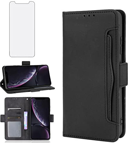 Asuwish Handyhülle für iPhone XR Hülle mit Glas Folie Schutzfolie Kartenfach Klappbar Leder Geldbörse Ständer Panzerfolie Handyhüllen i 10XR 10R RX XRHülle Handy Hüllen Schutzhülle Phone Case Schwarz