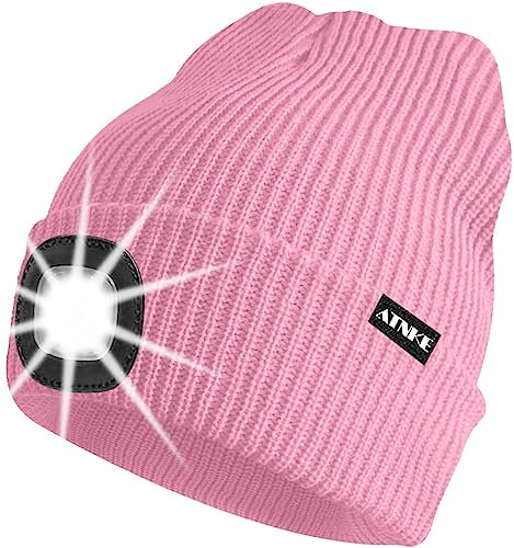 ATNKE Unisex LED Mütze mit Licht,Wiederaufladbare USB 4 LED Beleuchtete Laufmütze Extrem Heller Lampe Winter Warme Stricken Mütze für Herren und Damen Geschenke/Pink
