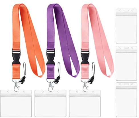 Vicloon Schlüsselband Umhängeband, 3 Neck Lanyard und 6 Ausweishülle, Umhängeband mit Schnellverschluss Schnalle und Drehbarem Karabinerverschluss, für Arbeitskarte ID-Karten(Rosa/Orange/Dunkellila)