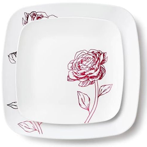 Decorline Confezione da 32 Piatti Quadrati Plastica Rigida Eleganti Riutilizzabili | Motivo Bianchi con Fiori Rossi | 2 misure - piatto piano 25cm & dessert 18cm, 16 pezzi ciascuno | Bianco/Borgogna