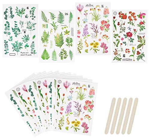 CRAFFANCY 16 Blatt Rub-On-Transfer-Aufkleber, Blattblumen, Scrapbook & Planer, ästhetische Aufkleber für Album, Tagebücher, DIY Kunst & Möbel
