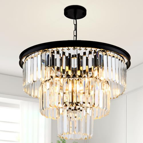 HCCZ 8 Light Modern Crystal Chandelier 20'' Black Chandeliers for Dining Room Contemporary Pendant Light Fixture Round 3-Tier Adjustable Height E12 for Living Room, Foyer, Entryway, Bedroom