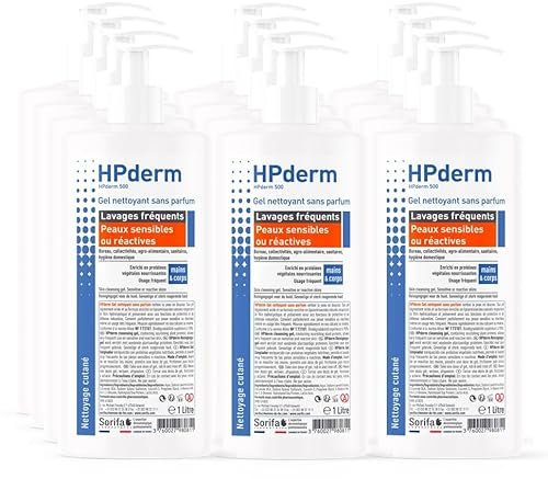 SORIFA - 12 Stück - HPderm Reinigungsgel ohne Parfüm - häufiges Waschen - empfindliche oder reaktive Haut - Hände und Körper - mit schützenden Sojaproteine - pH-neutral, ohne Seife - Fl. Pumpe 1L