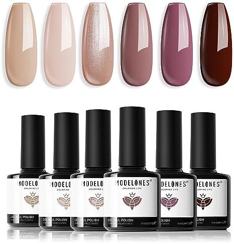 modelones Modelones Gel Nail Polish Set -6 Colors Nude Brown Gel Polish Set Skin Tones Neutral Pink Pearl Glitter Nail Polish Gel Soak Off Gel Nail Manicure DIY Nail Art Salon Home Gift