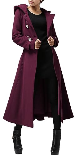 Cicy Bell Womens Long Double-Breasted Hooded Coat Winter Warm Wool Trench Coat with Belts, Burgundy, S