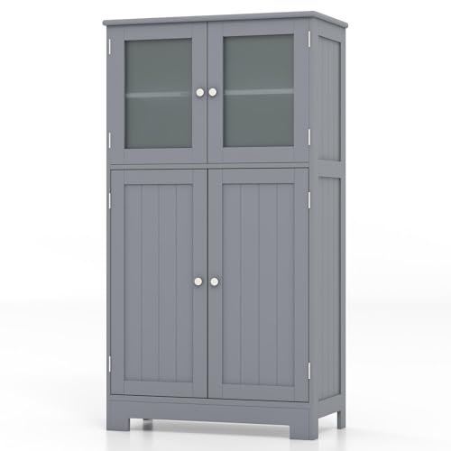 COSTWAY Meuble de Salle de Bain avec 4 Portes avec Etagère Réglable, Colonne Salle de Bain Armoire Haute pour Salon,Chambre,Bureau,Cuisine, 60 x 30 x 109 cm, Gris