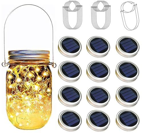 TecHong 12 x Solar Mason Jar Light Lids - 30 LED Hanging Fairy Firefly String Light Lantern Cap, Outdoor Waterproof Patio Porch Garden Yard Balcony Lawn Wall Lighting Decor(No Jar Included)