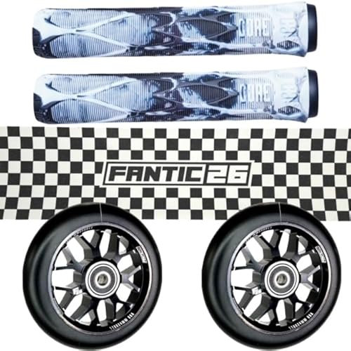 Fantic26 Stunt-Scooter Trick Roller Ersatzteile Bundle I Core Pro Soft Griffe mit Barends I F26 Spy7 110mm Abec11 Rollen I Griptape Checker Schwarz/Weiß