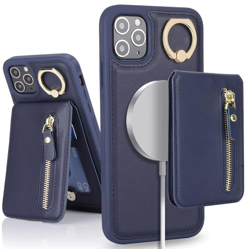 SailorTech iPhone 11 Pro Phone Leather Case with Credit Card Holder Magsafe, iPhone 11 Pro Case Ring Stand with Kickstand Card Slots Wallet Detachable 2-in-1 Zipper Case - Navy Blue