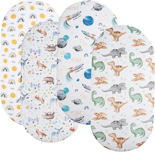Tontukatu Stubenwagen-Spannbettlaken, 4er-Pack, Jersey-Mikrofaser, 100% atmungsaktiv, für Maxi-Cosi Iora/Swift & AMKE Baby-Stubenwagen, 53.3 x 88.9 cm, Sonne, Wald, Hirsch, Weltraum, Dinosaurier
