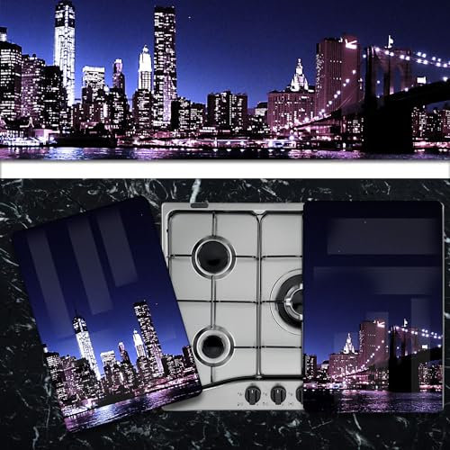 Pannello Copri Piano Cottura Induzione Fornelli Piastra Tagliere | Ponte di Brooklyn | 52x60 cm | per 4 Fuochi | da Cucina | in Vetro Temprato | 2 Pezzi