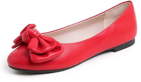 Feversole Women's Round Toe Cute Bow Trim Ballet Flats Dolly Shoes Red Vegan Leather 7 UK