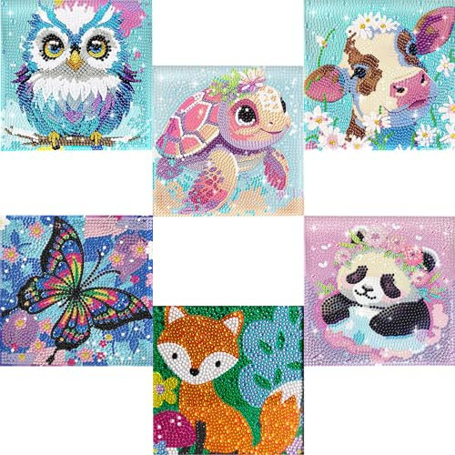 GALOZZOIT 6er Set 5D Diamond Painting Kinder, Diamond Painting Set,Full Diamond Painting Bilder Kinder Tiere-Set,Mädchen Junge Geschenke 6 7 8 9 10 11 12 Jahre（15x15cm）