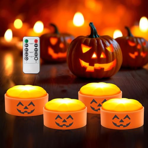 Gobesty Halloween Kürbis LED Lichter mit Fernbedienung, 4 Stück Halloween Kürbis Licht Batteriebetrieben, LED Kürbis Licht mit Timer, Jack-O-Laterne Lichts, Flammenlose Kerzen für Dekoration