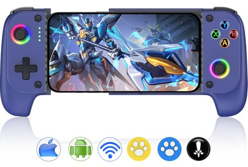 Mobiler Game Controller für iPhone/Android mit Case Support,Hall-EffektJoysticks Gamepad Controller mit Vibrationseffekt und Turbofunktion, einziehbarer Phone Concontroller mit RGB für PS Remote Play
