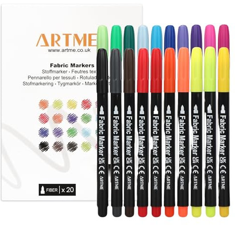 Artme Bolígrafos para Tejido, Rotuladores para Tela 20 Colores, Marcadores Textiles Permanentes, para Dibujar en Algodón, Camisetas y Bolsos