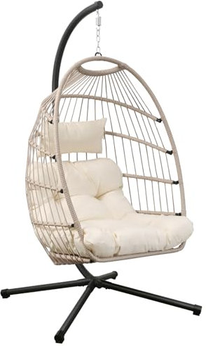 Goutime Chaise œuf Suspendue avec Coussin résistant aux UV, balancelle Pliable d'une capacité de 204 kg pour intérieur, Chambre à Coucher, extérieur (Gris Abricot, Chaise à œufs avec Support)