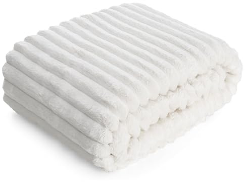 Design91 Kuschelige Decke mit Streifenmuster, Weiche Kuscheldecke, Soft, Gestreifte Sofadecke, Flauschige Wohndecke, Steppdecke, MIKROFASER (Weiß, 170 x 210 cm)