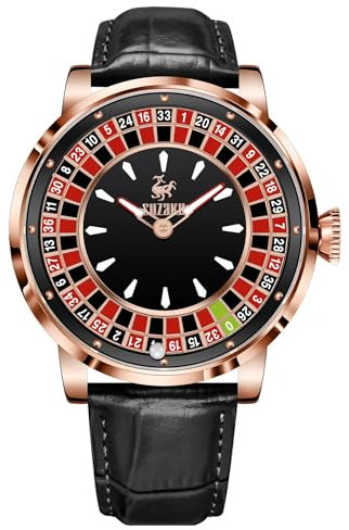 SUZAKU Herren-Automatikuhr 46mm Roulette Mechanische Uhr Herrenuhr Automatikwerk NH35A Wasserdichtes Leuchtleder Luxus Herrenuhr Automatik Rotierendes Roulette(Schwarzer Gürtel Gold Schwarz-H)